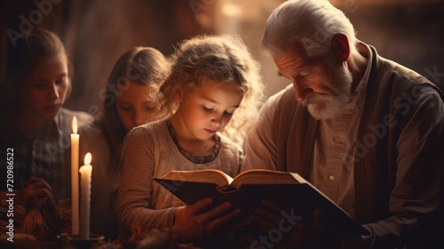 Grandfather reading a book with his granddaughters in the church Generative AI photo