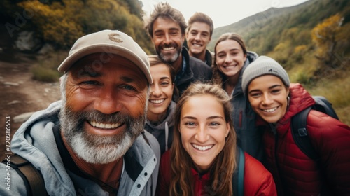 Group of friends are hiking in the mountains. They are smiling. Generative AI