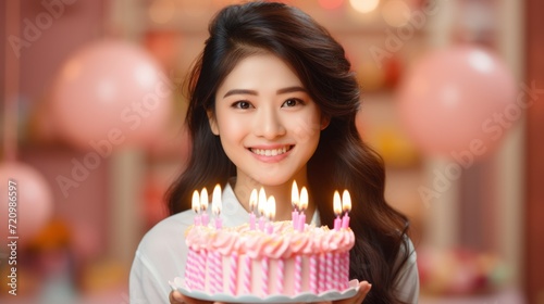 happy young asian woman with birthday cake and candles in her hands Generative AI