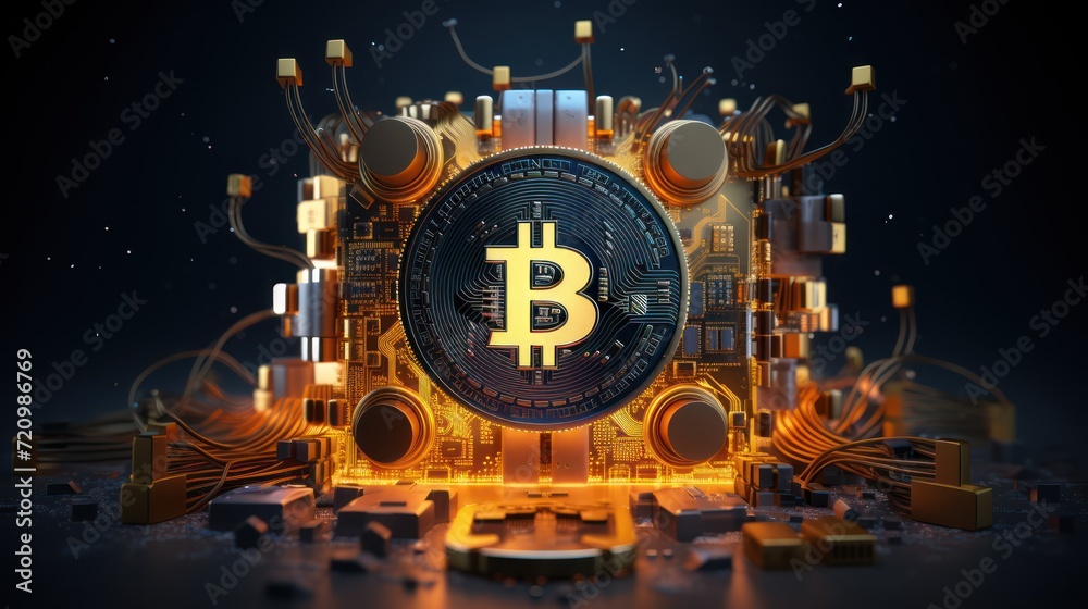 Bitcoin cryptocurrency concept. 3D illustration. Cryptocurrency concept. Generative AI