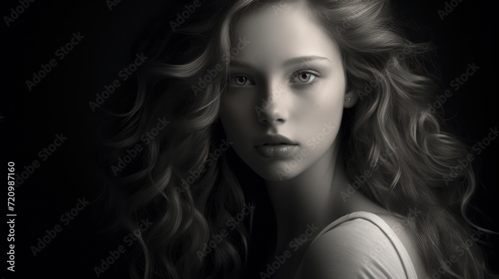 Portrait of a beautiful girl with long wavy hair on a black background Generative AI