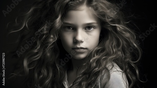 Portrait of a beautiful girl with long curly hair on a dark background Generative AI