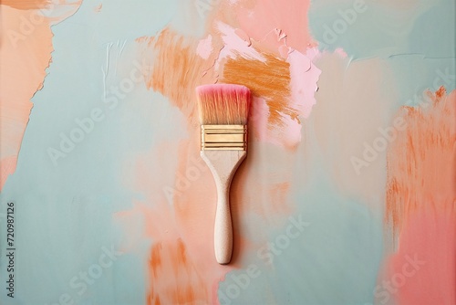 A paintbrush laden with pink paint rests against a canvas painted with broad strokes of peach and cool blue, capturing a moment in the midst of a creative exploration.