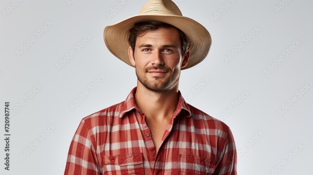 Agriculture, Confident Farmer Wearing a wide-brimmed hat and a red striped shirt, standing looking at the camera, isolated on a white transparent background. Agriculture, Confident Farmer Wearing a wide-brimmed hat and a red striped shirt, standing looking at the camera, isolated on a white transparent background.