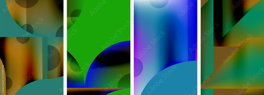 Set of colorful geometric posters - round shapes and circles with fluid color gradients. Abstract backgrounds for wallpaper, business card, cover, poster, banner, brochure, header, website
