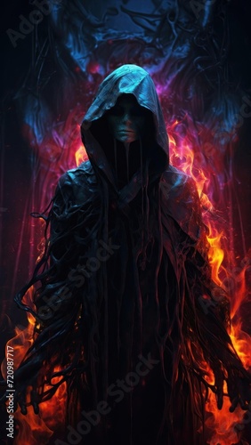 Man in a black cloak with a hood on his head in the fire. Generative AI © Alex