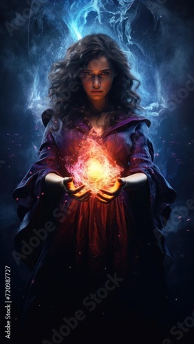 3d rendering of a witch with magic light in her hands. Generative AI