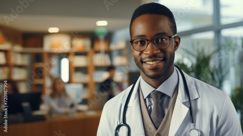 Portrait of smiling african american male doctor with stethoscope in office Generative AI
