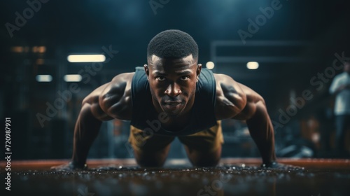 African american man doing push-ups in gym. Crossfit concept Generative AI