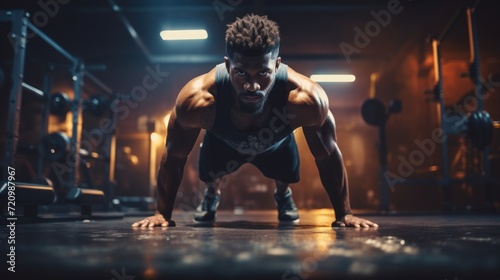 Muscular african american man doing push-ups in gym Generative AI