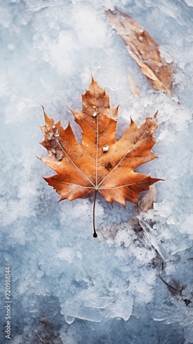 An The surface of dry leaves is covered with snow and ice on a winter day  nature background.