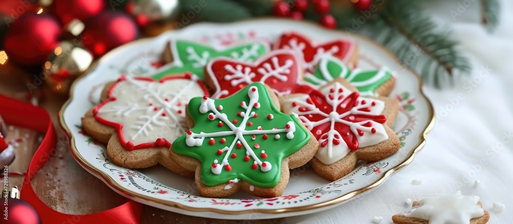 Decorated plate of Christmas cookies with royal icing
