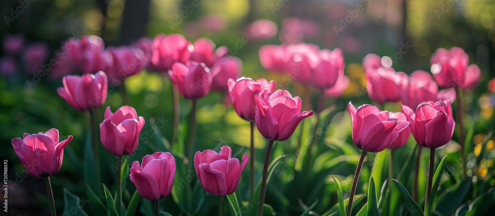 Fototapeta premium Captivating Dark Pink Tulips in a Stunning Spring Garden: Embracing the Alluring Dark Pink Tulips to Enchanting Spring Vibes of a Vibrant Garden
