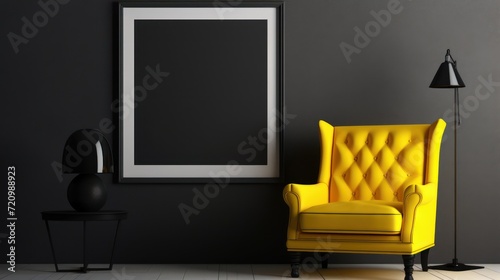 Black interior with yellow armchair and black table. 3d render Generative AI