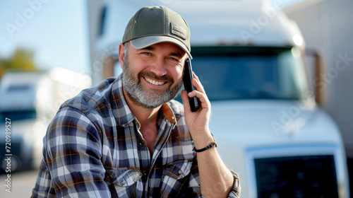 Smiling professional truck driver with mobile phone. photo