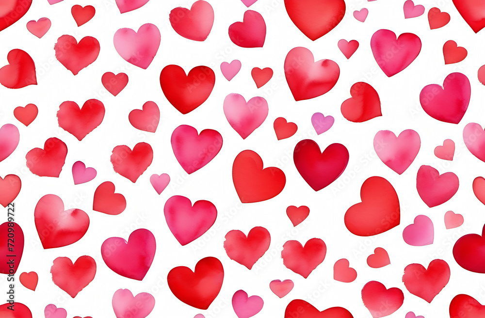 Seamless watercolor header with pink and red hearts on white background