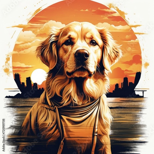 vector t-shirt design of a cute golden retriever dog in a vintage retro sunset distressed design. Digital art/illustration