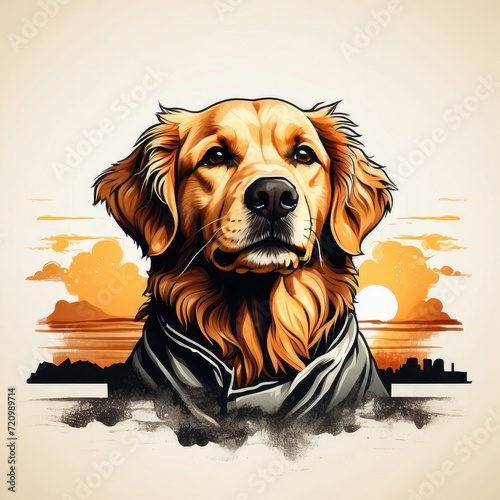 vector t-shirt design of a cute golden retriever dog in a vintage retro sunset distressed design. Digital art/illustration