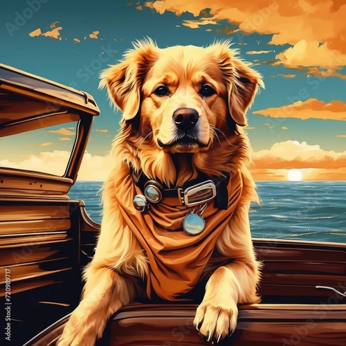 vector t-shirt design of a cute golden retriever dog in a vintage retro sunset distressed design. Digital art/illustration
