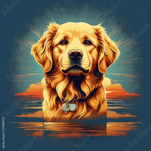 vector t-shirt design of a cute golden retriever dog in a vintage retro sunset distressed design. Digital art/illustration