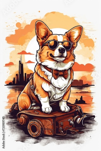 vector t-shirt design of a cute corgi dog in a vintage retro sunset distressed design. Digital art/illustration