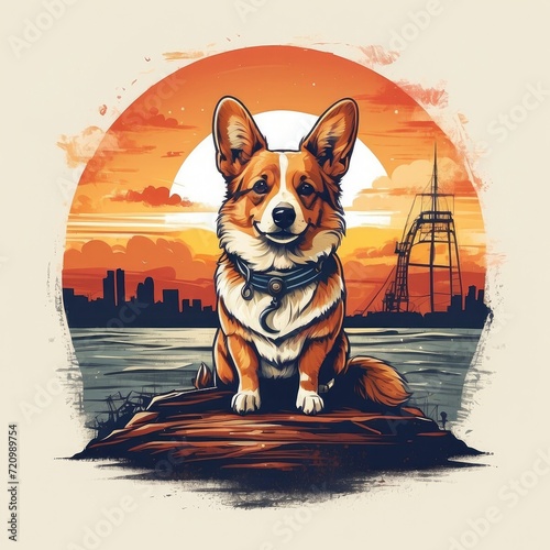 vector t-shirt design of a cute corgi dog in a vintage retro sunset distressed design. Digital art/illustration