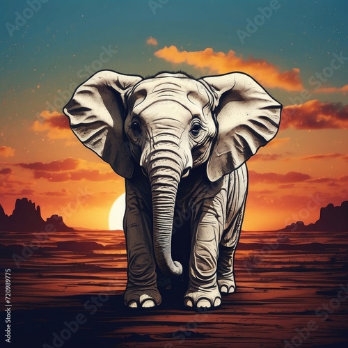 vector t-shirt design of a elephant in jungle in a vintage retro sunset distressed design. Digital art/illustration