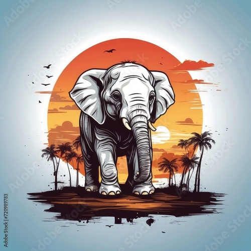 vector t-shirt design of a elephant in jungle in a vintage retro sunset distressed design. Digital art/illustration
