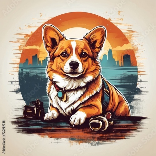 vector t-shirt design of a cute corgi dog in a vintage retro sunset distressed design. Digital art/illustration