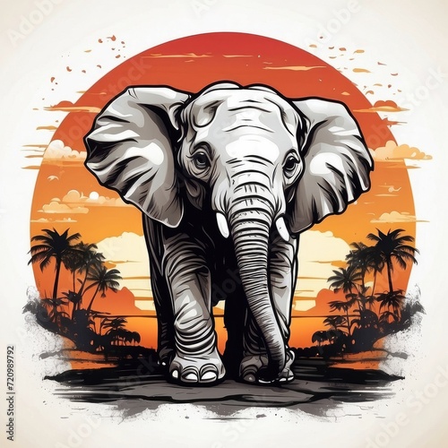 vector t-shirt design of a elephant in jungle in a vintage retro sunset distressed design. Digital art/illustration