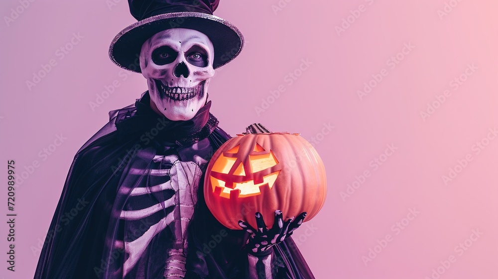 Spooky Skeleton Costume and Halloween Pumpkin,Person dressed in a skeleton costume holding a jack-o'-lantern, ready for a festive and spooky Halloween celebration.