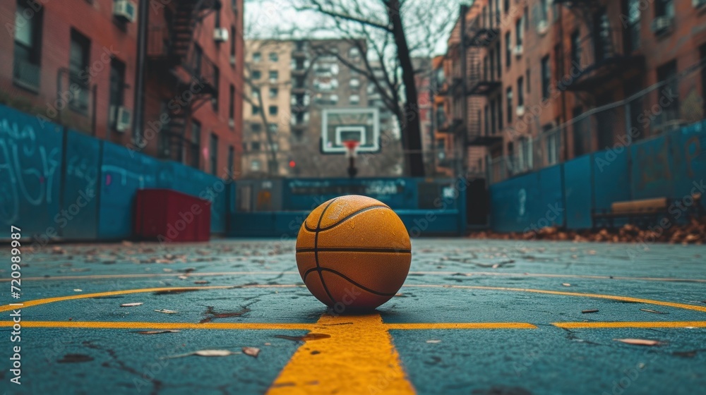 basketball still in the middle of an empty city basketball court basketball still in the middle of an empty city basketball court
