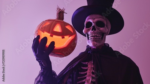 Spooky Skeleton Costume and Halloween Pumpkin Person dressed in a skeleton costume holding a jack-o -lantern  ready for a festive and spooky Halloween celebration.