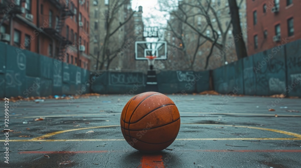 basketball still in the middle of an empty city basketball court basketball still in the middle of an empty city basketball court