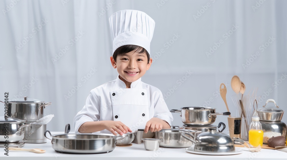 A Cooking, happy boy wearing chef's uniform. Little cook and kitchen equipment. Cooking concepts in the chef profession On empty space on white transparent background isolated A Cooking, happy boy wearing chef's uniform. Little cook and kitchen equipment. Cooking concepts in the chef profession On empty space on white transparent background isolated