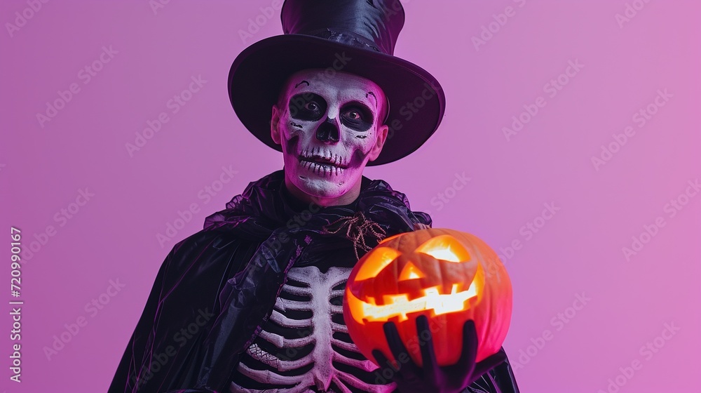 Spooky Skeleton Costume and Halloween Pumpkin,Person dressed in a skeleton costume holding a jack-o'-lantern, ready for a festive and spooky Halloween celebration. Spooky Skeleton Costume and Halloween Pumpkin,Person dressed in a skeleton costume holding a jack-o'-lantern, ready for a festive and spooky Halloween celebration.