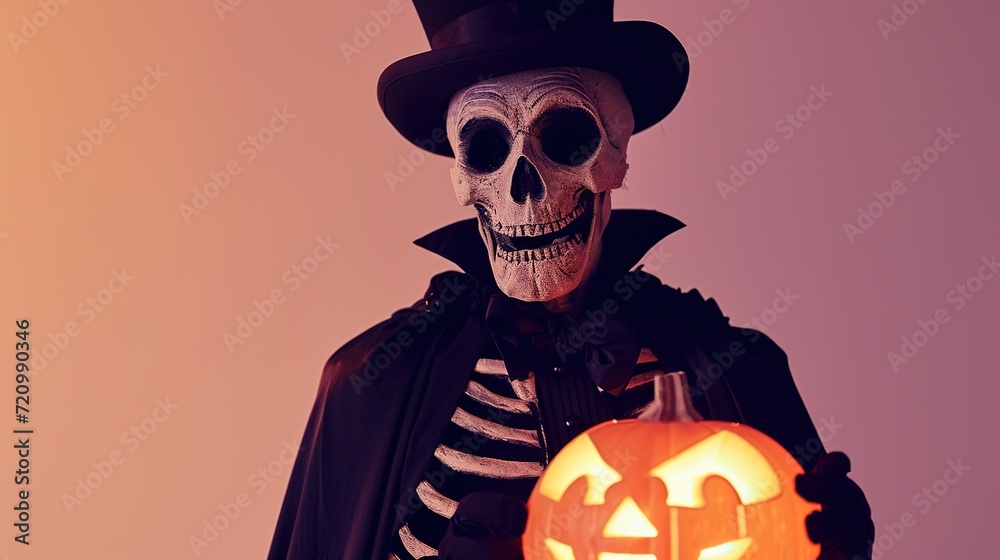 Spooky Skeleton Costume and Halloween Pumpkin,Person dressed in a skeleton costume holding a jack-o'-lantern, ready for a festive and spooky Halloween celebration. Spooky Skeleton Costume and Halloween Pumpkin,Person dressed in a skeleton costume holding a jack-o'-lantern, ready for a festive and spooky Halloween celebration.