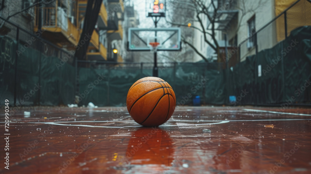 basketball still in the middle of an empty city basketball court basketball still in the middle of an empty city basketball court