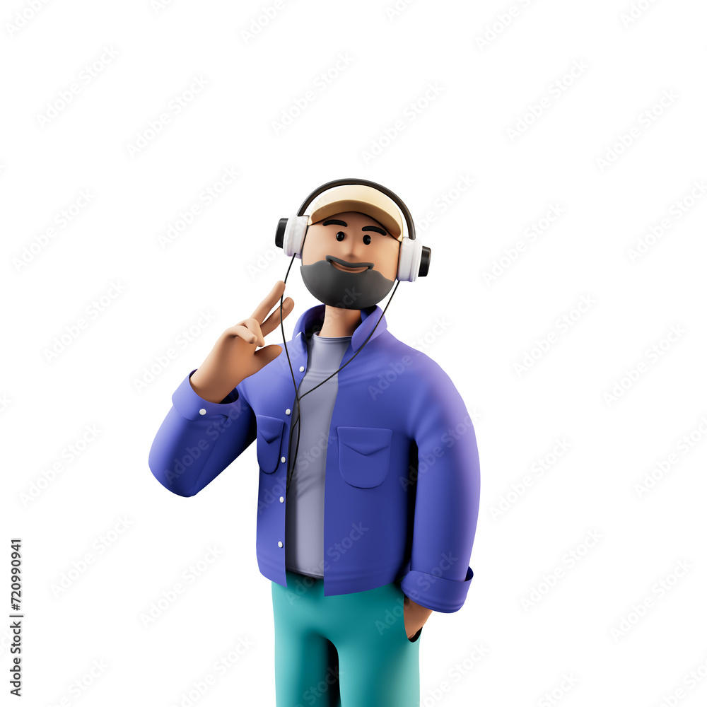 Happy wearing headphones holding mobile using cellphone dancing enjoying listening online streaming music on cell phone, standing isolated on light purple.3d illustration. Happy wearing headphones holding mobile using cellphone dancing enjoying listening online streaming music on cell phone, standing isolated on light purple.3d illustration.