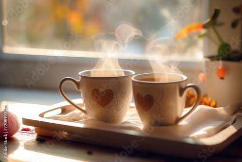 Two heart emblazoned coffee mugs steaming in the gentle morning light by a cozy window, creating a serene atmosphere. 
