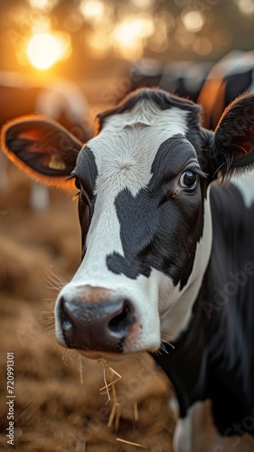 Holstein cattle consuming hay while exposed to sunshine in the barn on a dairy farm. The cattle industry, or banner contemporary meat and milk production