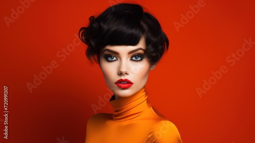 Fashion portrait of young beautiful woman with bright make-up and red lips Generative AI