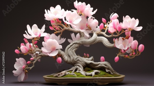 Bonsai tree with pink magnolia flowers. 3d render Generative AI