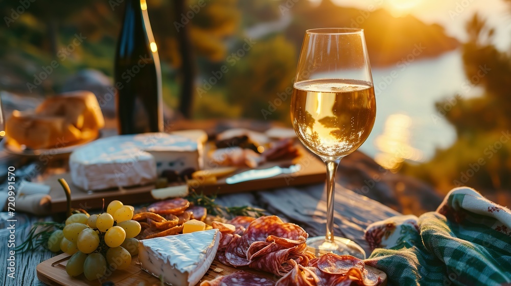 Picnic with white wine served outside with cheese and charcuterie, sunset light Picnic with white wine served outside with cheese and charcuterie, sunset light
