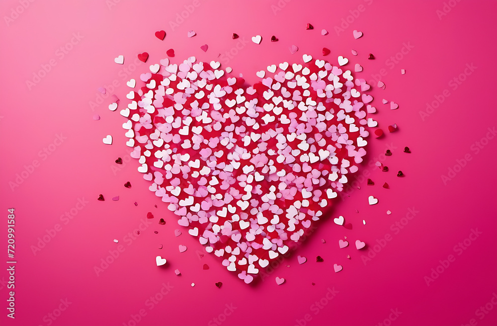 Valentines day card. Heart confetti falling over pink background for greeting cards, wedding invitation