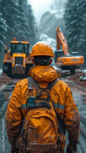 An engineer working at a cement mill site, dressed in uniform, hard hat, and radio talkie on the background of trucks and excavators