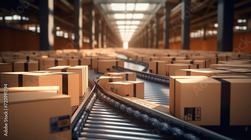 Conveyor belt with cardboard boxes in warehouse. 3D rendering Generative AI