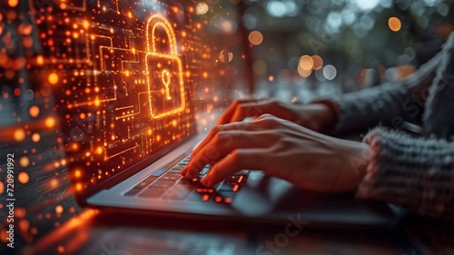 Hacker sitting at desk, creatively utilising a spherical digital padlock interface on a fuzzy background with a laptop. concepts of data protection, safety, security, and hacking.