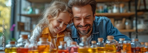 A man plays with a portrait of multicoloured liquids with a young daughter. Clean research equipment  young team  colour reagent  food additives taste activity taste notion