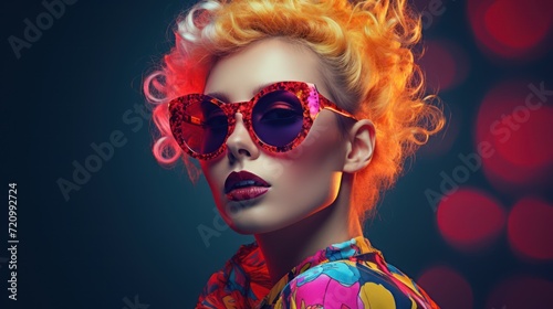 Portrait of a beautiful young woman with bright red hair and stylish sunglasses. Generative AI © Alex